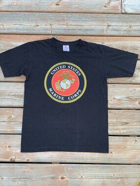 Vintage US Marine Corps T-Shirt Womens S Black Bayside USMC Short Sleeve America